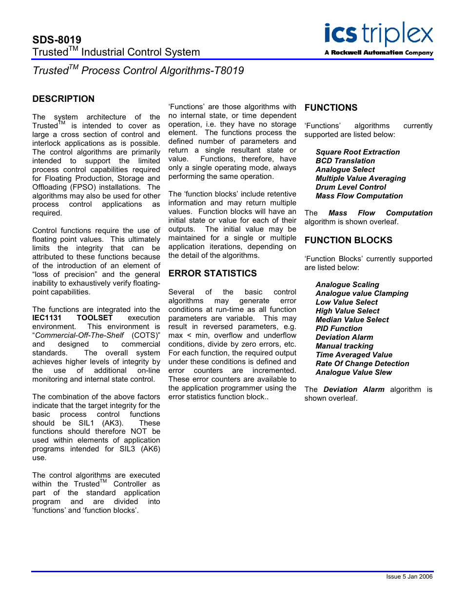 Rockwell Automation T8019 Trusted Process Control Algorithms User Manual | 2 pages