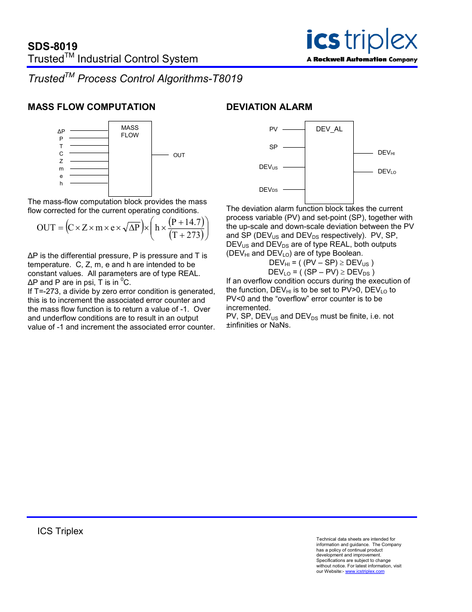 Mass flow computation, Sds-8019 trusted, Industrial control system trusted | Process control algorithms-t8019 | Rockwell Automation T8019 Trusted Process Control Algorithms User Manual | Page 2 / 2