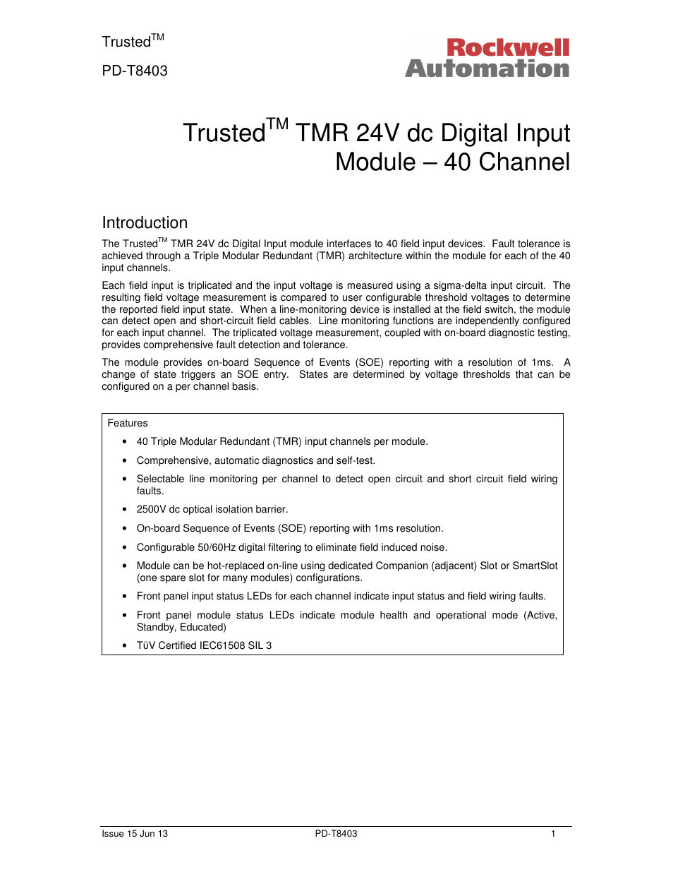 Rockwell Automation T8403 Trusted 24V dc Digital input Module - 40 Channel User Manual | 30 pages