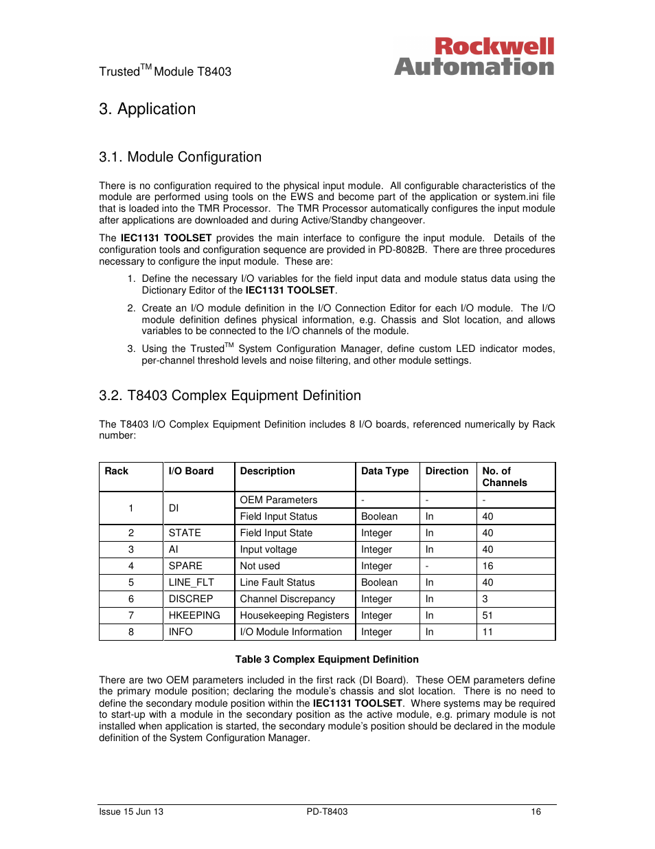 Application, Module configuration, T8403 complex equipment definition | Rockwell Automation T8403 Trusted 24V dc Digital input Module - 40 Channel User Manual | Page 16 / 30