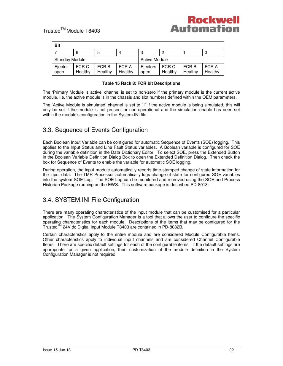 Sequence of events configuration, System.ini file configuration | Rockwell Automation T8403 Trusted 24V dc Digital input Module - 40 Channel User Manual | Page 22 / 30