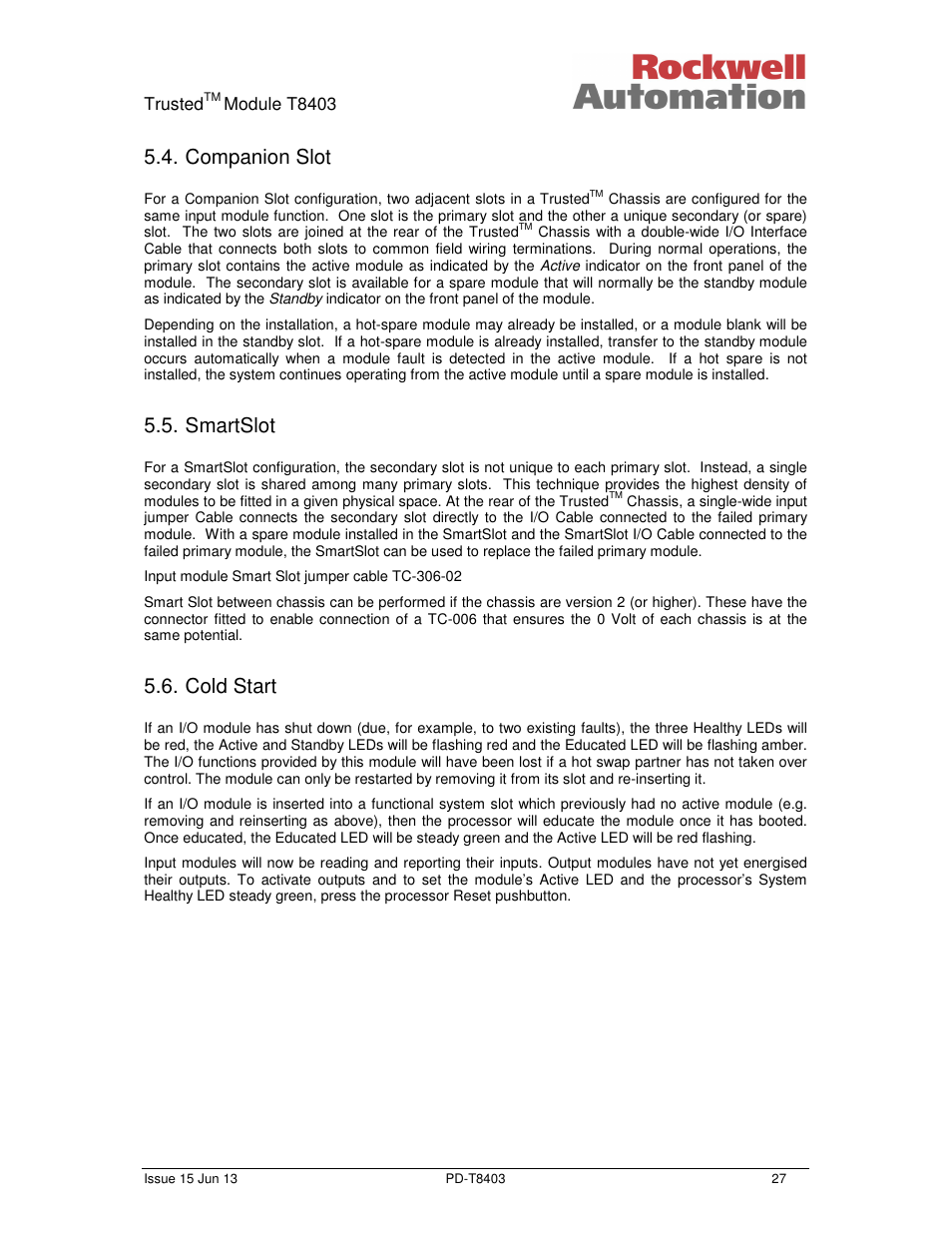 Companion slot, Smartslot, Cold start | Rockwell Automation T8403 Trusted 24V dc Digital input Module - 40 Channel User Manual | Page 27 / 30