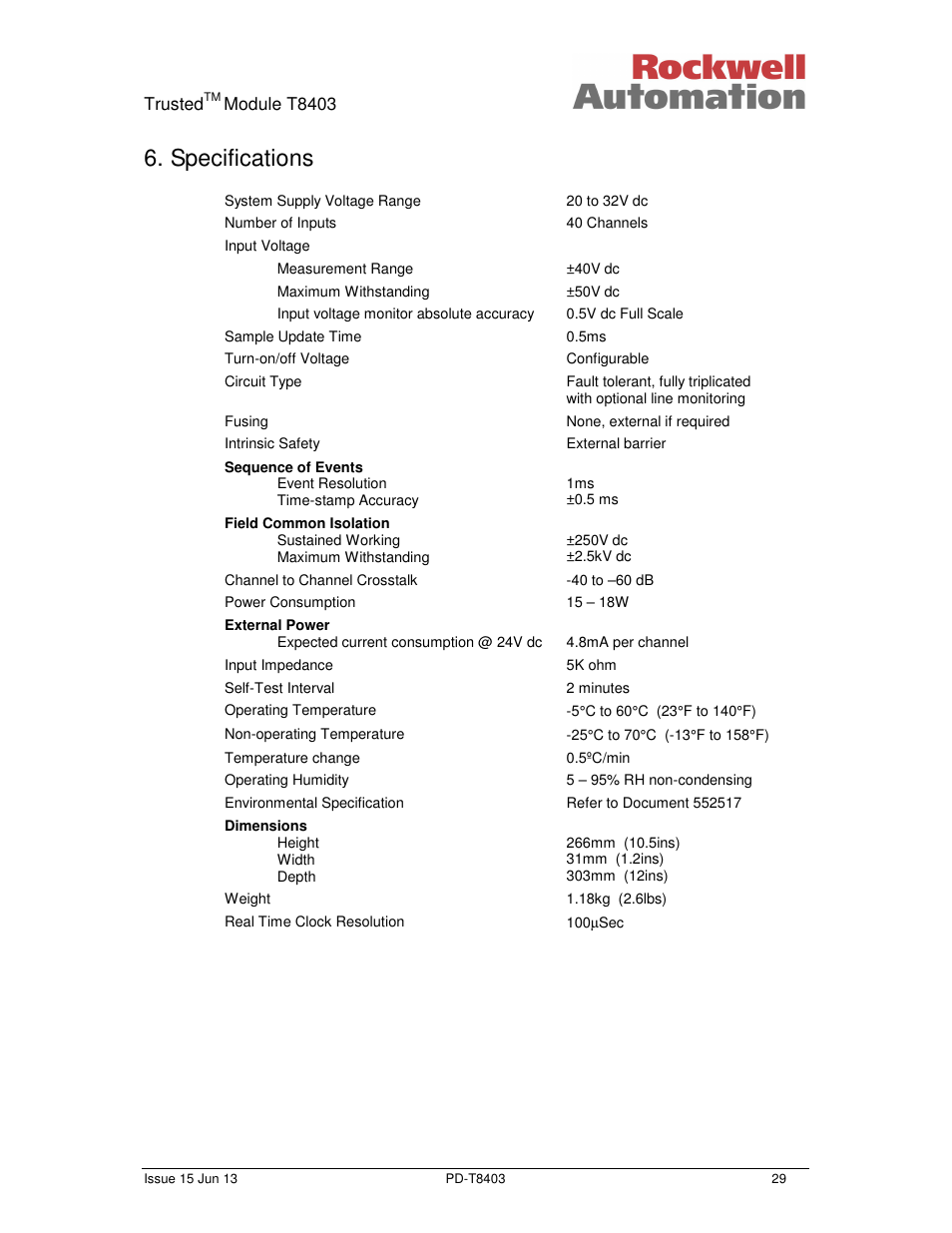 Specifications | Rockwell Automation T8403 Trusted 24V dc Digital input Module - 40 Channel User Manual | Page 29 / 30