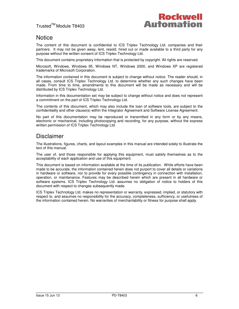 Notice, Disclaimer | Rockwell Automation T8403 Trusted 24V dc Digital input Module - 40 Channel User Manual | Page 6 / 30