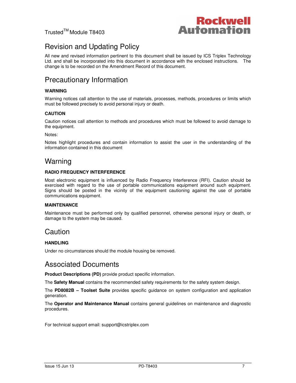 Revision and updating policy, Precautionary information, Warning | Caution, Associated documents | Rockwell Automation T8403 Trusted 24V dc Digital input Module - 40 Channel User Manual | Page 7 / 30