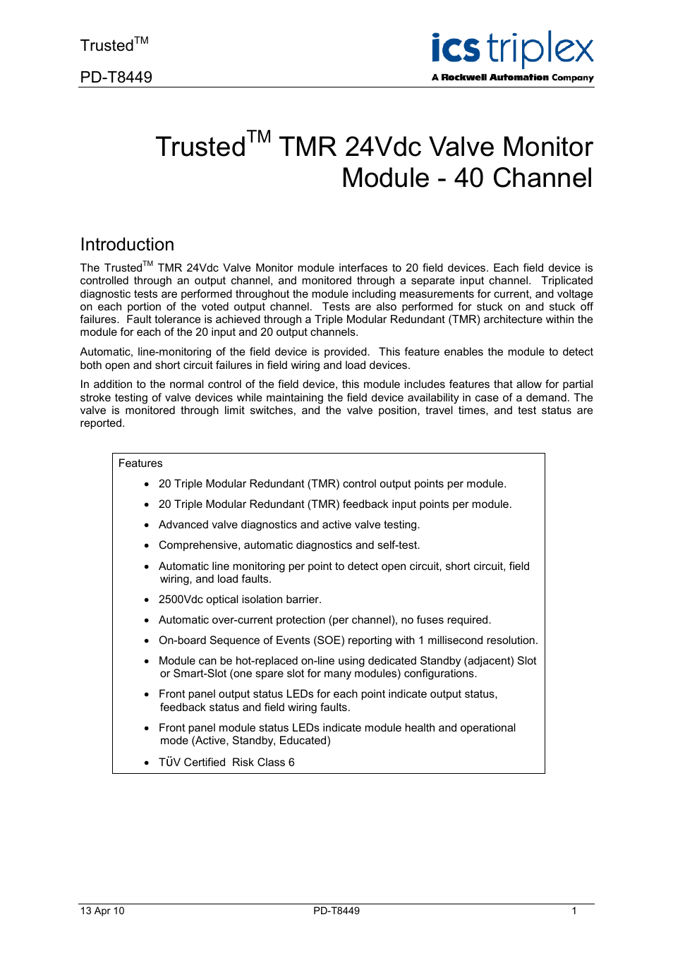 Rockwell Automation T8449 Trusted TMR 24V dc Valve Monitor Module - 40 Channel User Manual | 46 pages