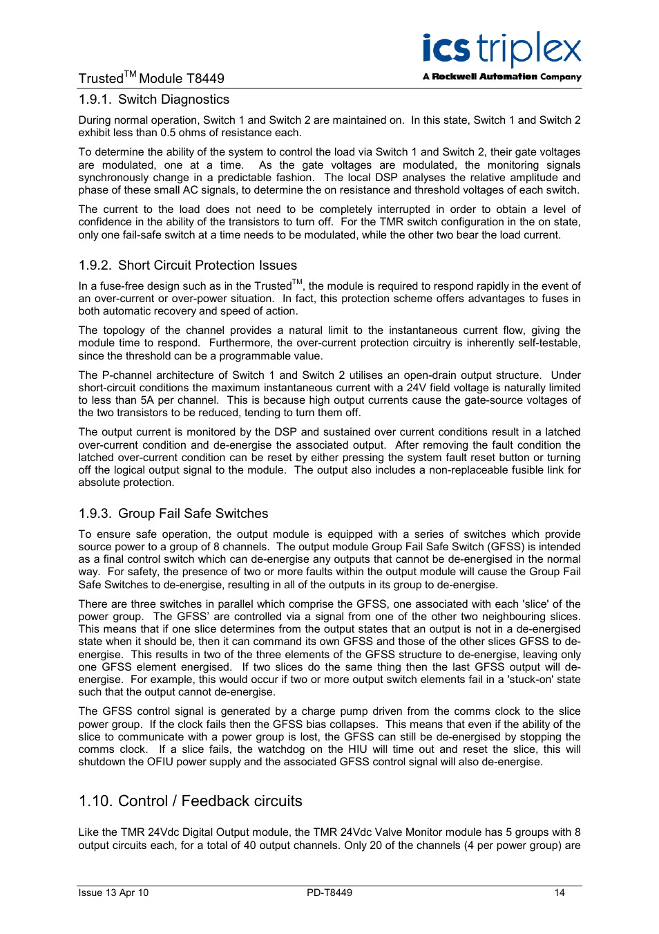 Switch diagnostics, Short circuit protection issues, Group fail safe switches | Control / feedback circuits | Rockwell Automation T8449 Trusted TMR 24V dc Valve Monitor Module - 40 Channel User Manual | Page 14 / 46