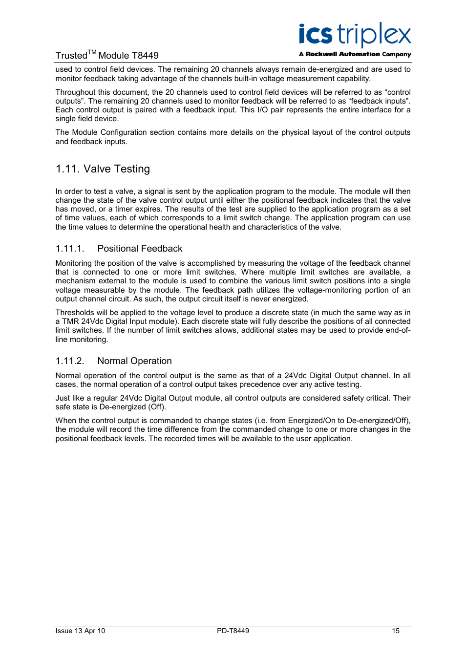 Valve testing, Positional feedback, Normal operation | Rockwell Automation T8449 Trusted TMR 24V dc Valve Monitor Module - 40 Channel User Manual | Page 15 / 46