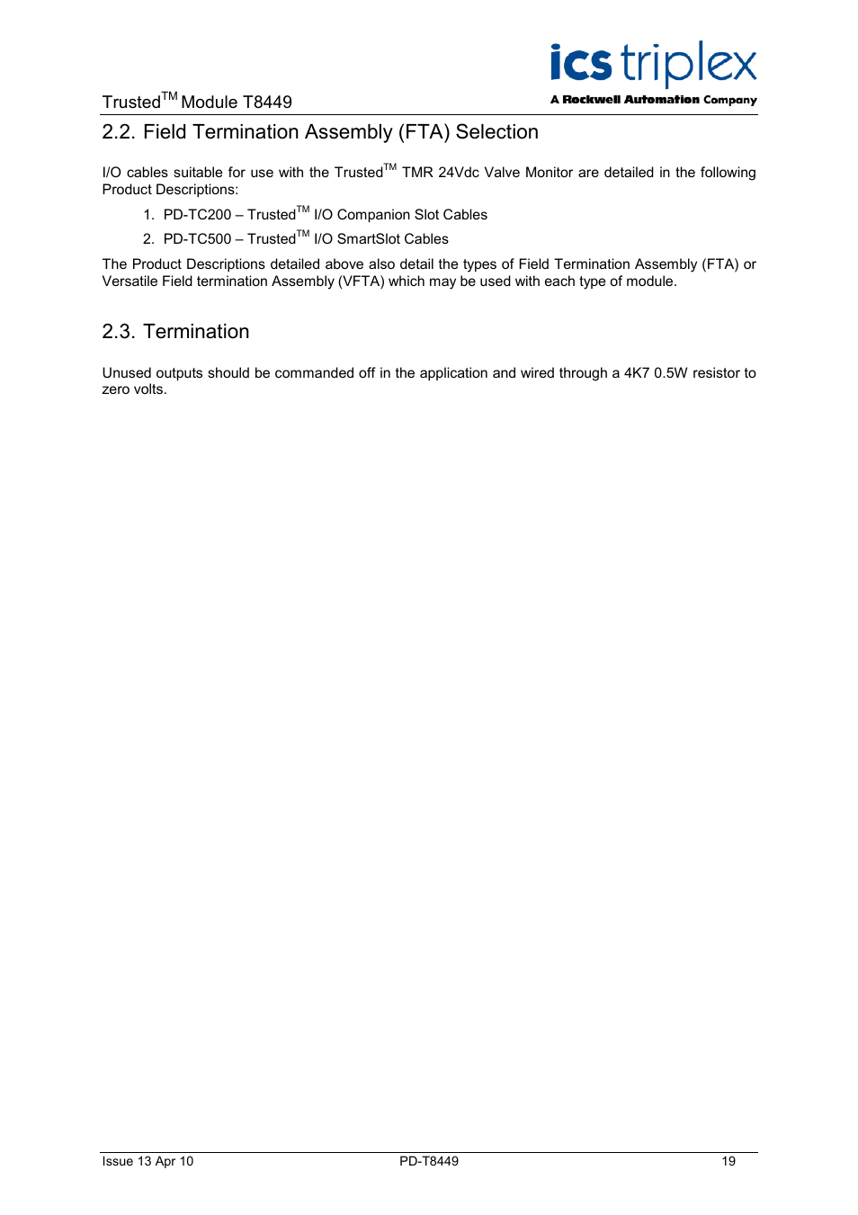 Field termination assembly (fta) selection, Termination, Trusted | Module t8449 | Rockwell Automation T8449 Trusted TMR 24V dc Valve Monitor Module - 40 Channel User Manual | Page 19 / 46