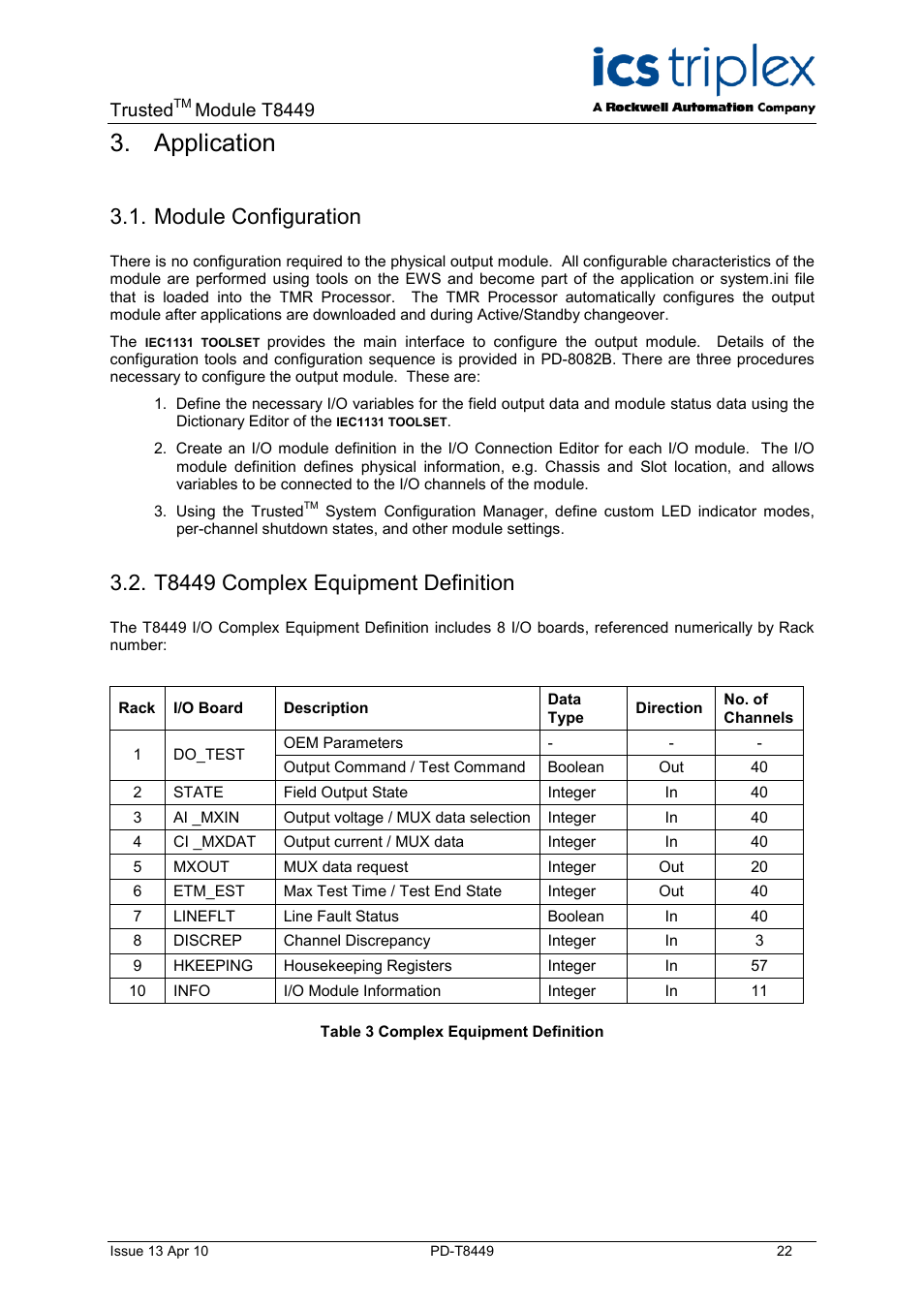 Application, Module configuration, T8449 complex equipment definition | Table 3 complex equipment definition, Trusted, Module t8449 | Rockwell Automation T8449 Trusted TMR 24V dc Valve Monitor Module - 40 Channel User Manual | Page 22 / 46