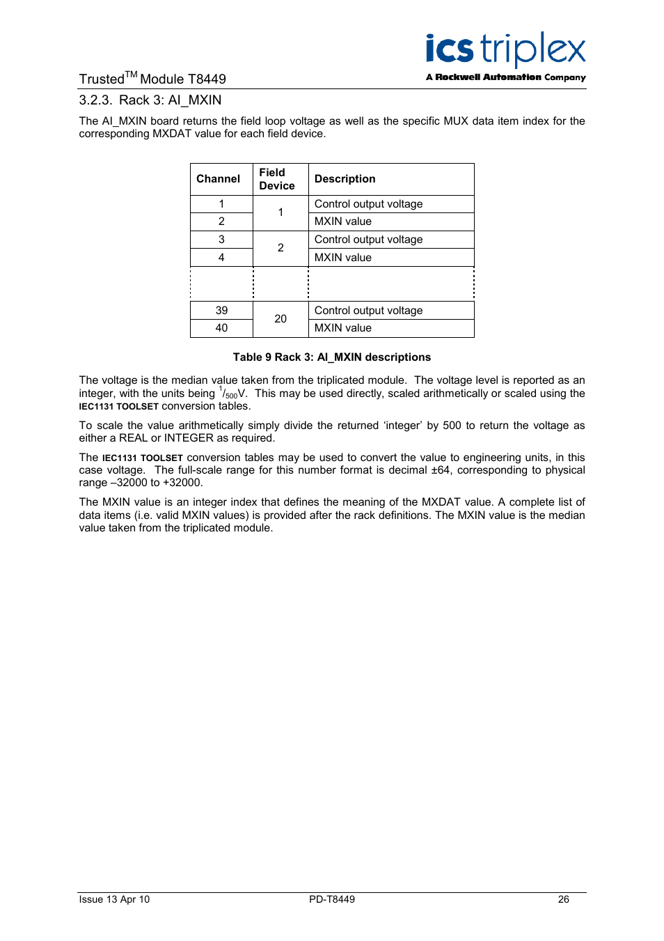 Rack 3: ai_mxin, Table 9 rack 3: ai_mxin descriptions, Trusted | Module t8449 | Rockwell Automation T8449 Trusted TMR 24V dc Valve Monitor Module - 40 Channel User Manual | Page 26 / 46
