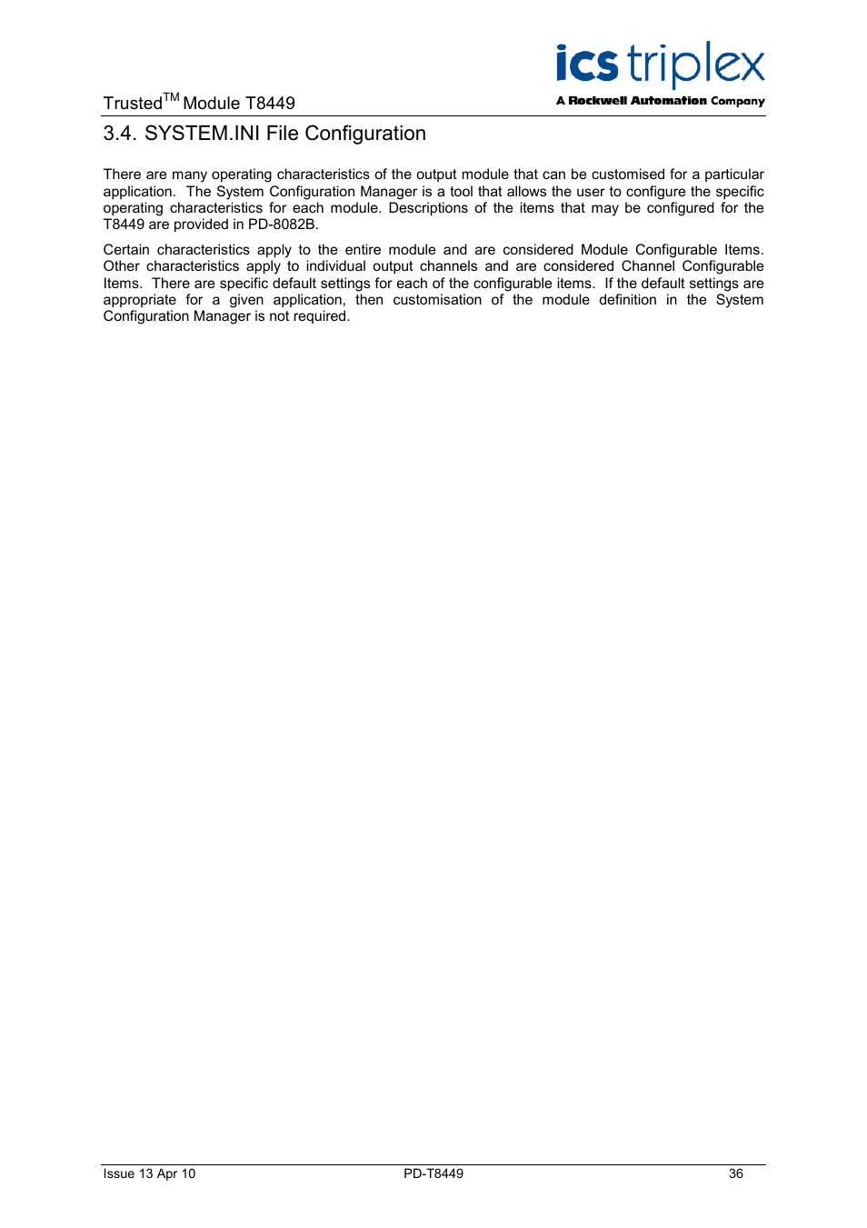 System.ini file configuration | Rockwell Automation T8449 Trusted TMR 24V dc Valve Monitor Module - 40 Channel User Manual | Page 36 / 46