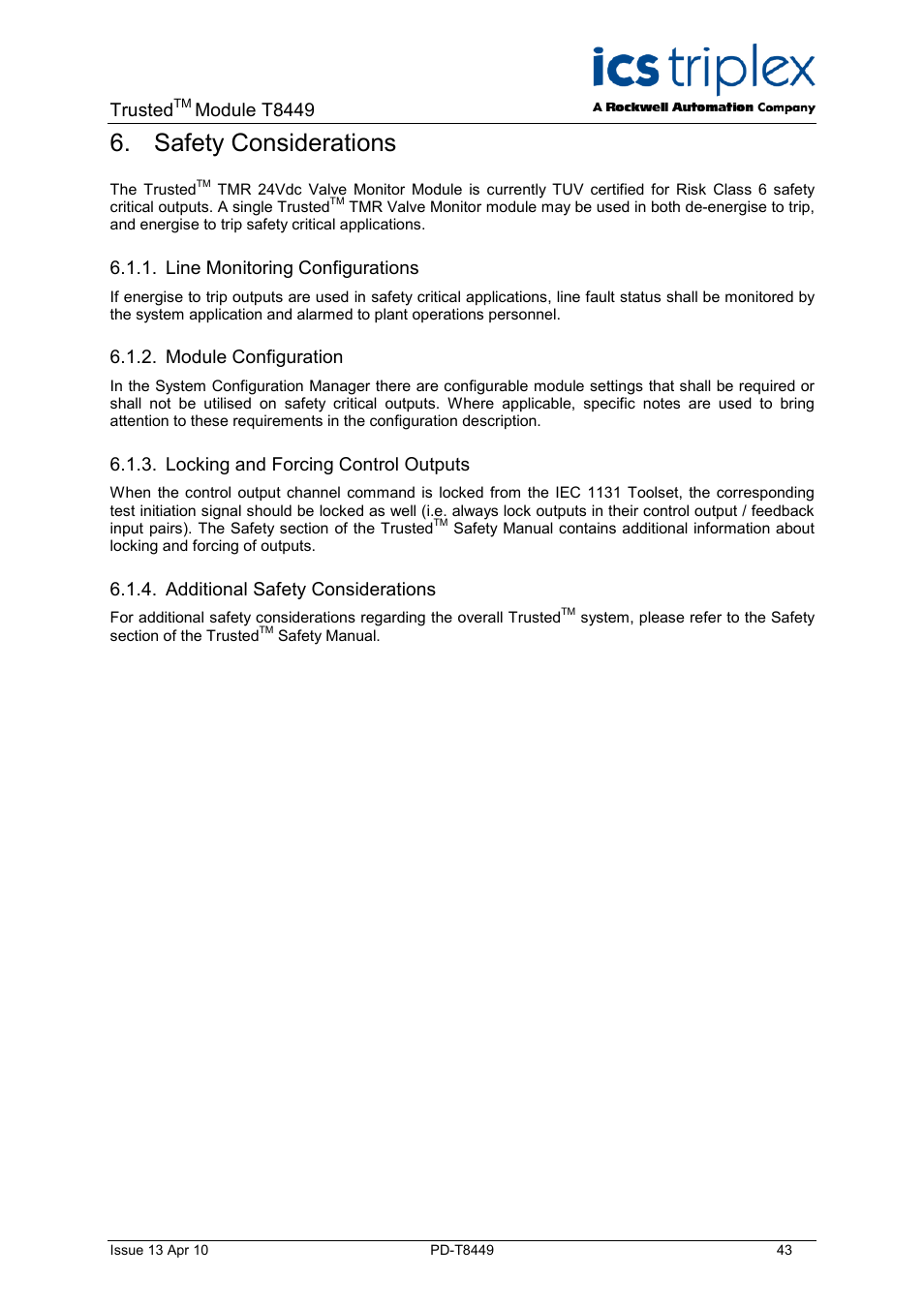 Safety considerations, Line monitoring configurations, Module configuration | Locking and forcing control outputs, Additional safety considerations, Trusted, Module t8449 | Rockwell Automation T8449 Trusted TMR 24V dc Valve Monitor Module - 40 Channel User Manual | Page 43 / 46