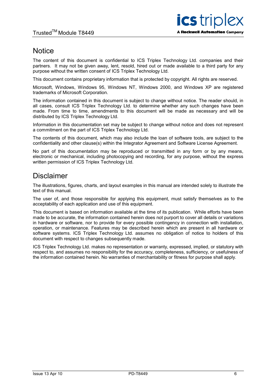 Notice, Disclaimer | Rockwell Automation T8449 Trusted TMR 24V dc Valve Monitor Module - 40 Channel User Manual | Page 6 / 46
