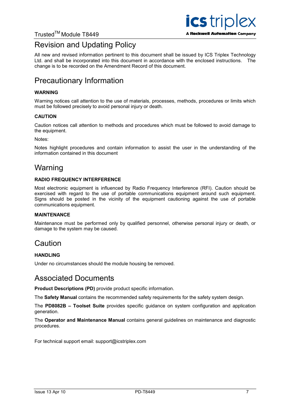 Revision and updating policy, Precautionary information, Warning | Caution, Associated documents | Rockwell Automation T8449 Trusted TMR 24V dc Valve Monitor Module - 40 Channel User Manual | Page 7 / 46