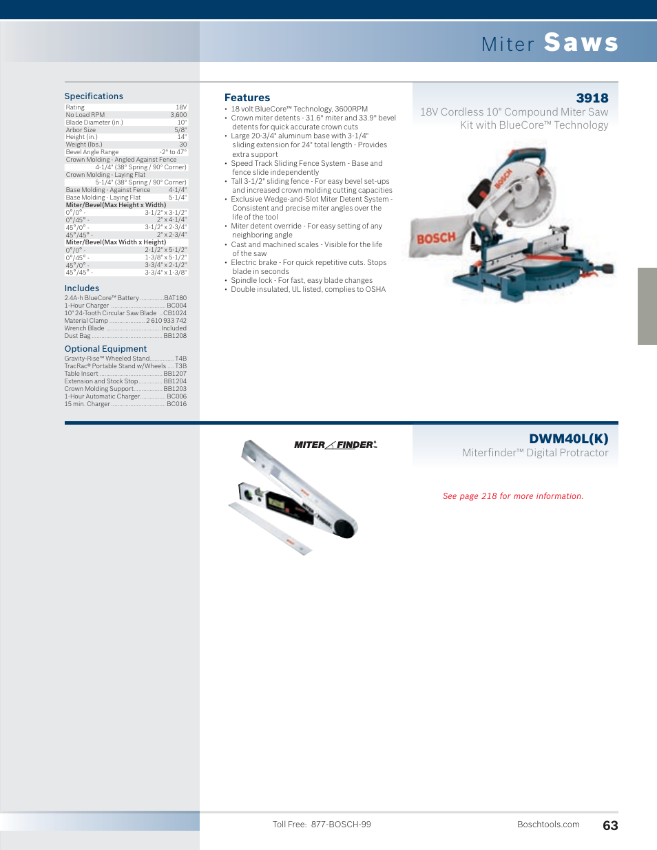 Saws, Miter, Dwm40l(k) | Features, Miterfinder™ digital protractor | Bosch 4100DG-09 User Manual | Page 11 / 52