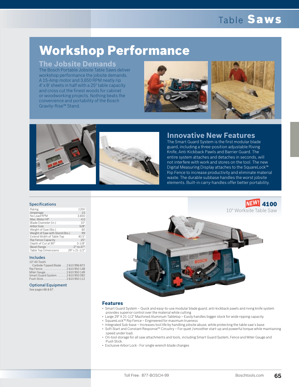 Workshop performance, Saws, Table | The jobsite demands, Innovative new features | Bosch 4100DG-09 User Manual | Page 13 / 52