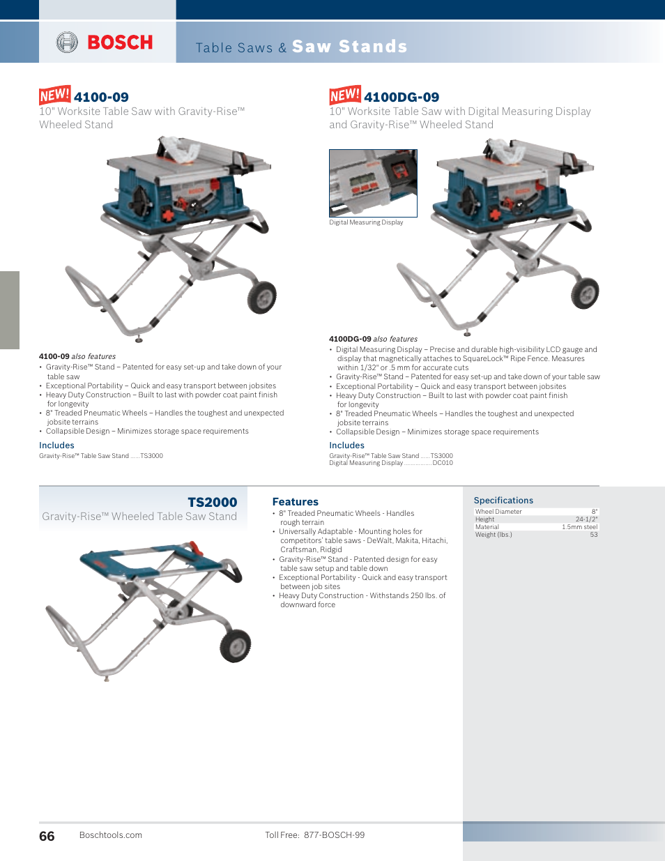 Saw stands, Ts2000, Table saws | Features, Gravity-rise™ wheeled table saw stand | Bosch 4100DG-09 User Manual | Page 14 / 52