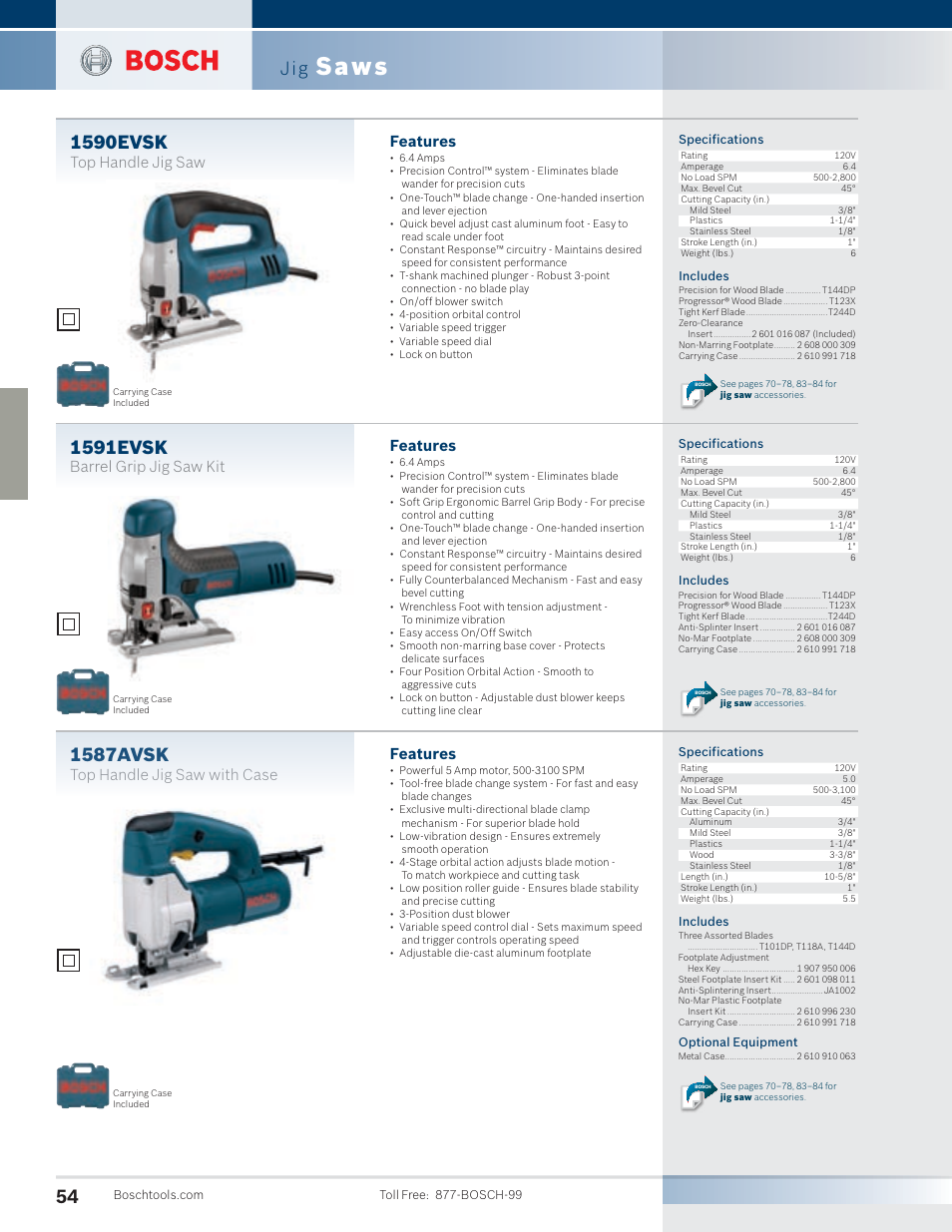 Saws, 1590evsk, 1591evsk | 1587avsk, Features, Top handle jig saw, Barrel grip jig saw kit, Top handle jig saw with case | Bosch 4100DG-09 User Manual | Page 2 / 52