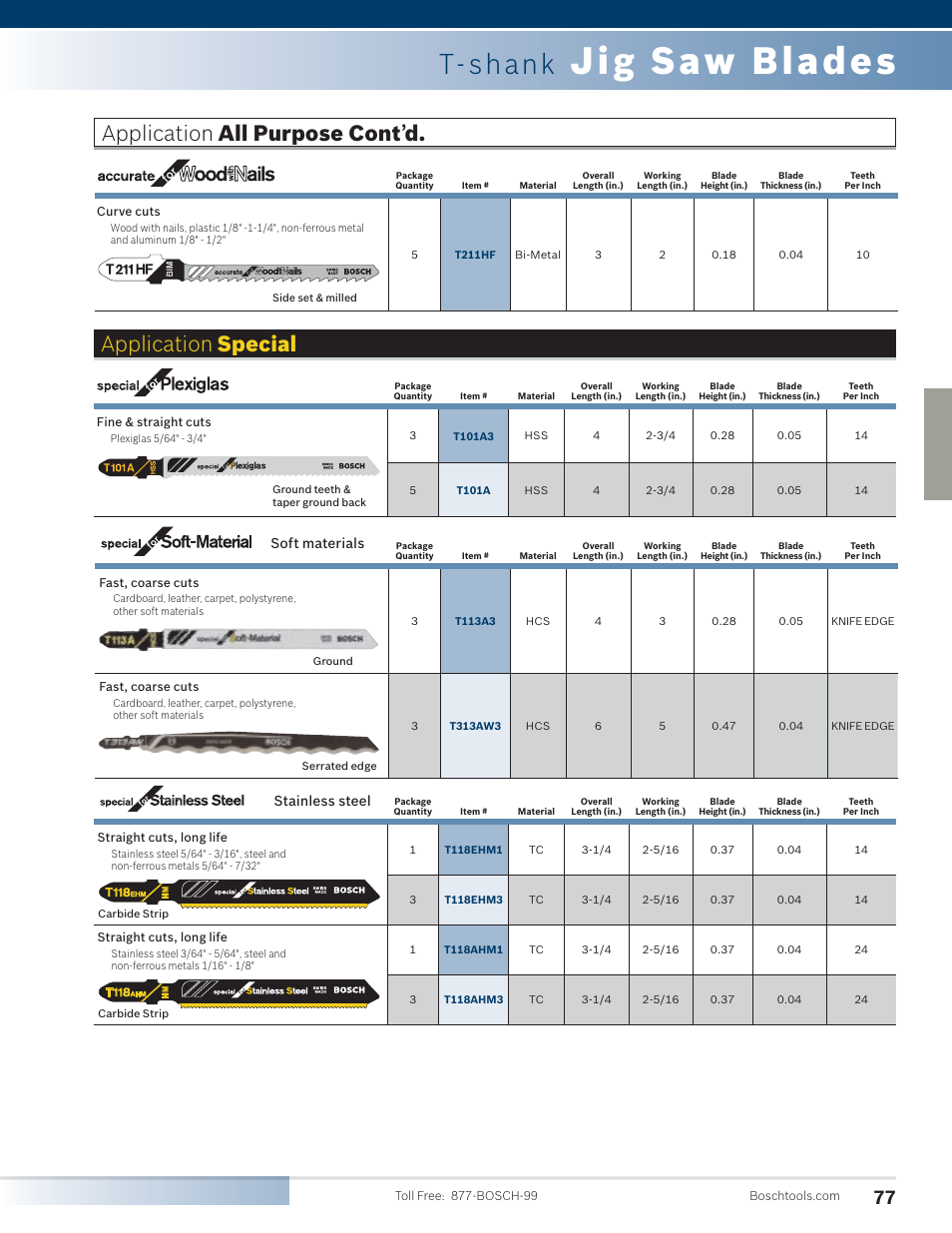 Jig saw blades, T-shank, Application special | Application all purpose cont ’ d, Soft materials stainless steel | Bosch 4100DG-09 User Manual | Page 25 / 52