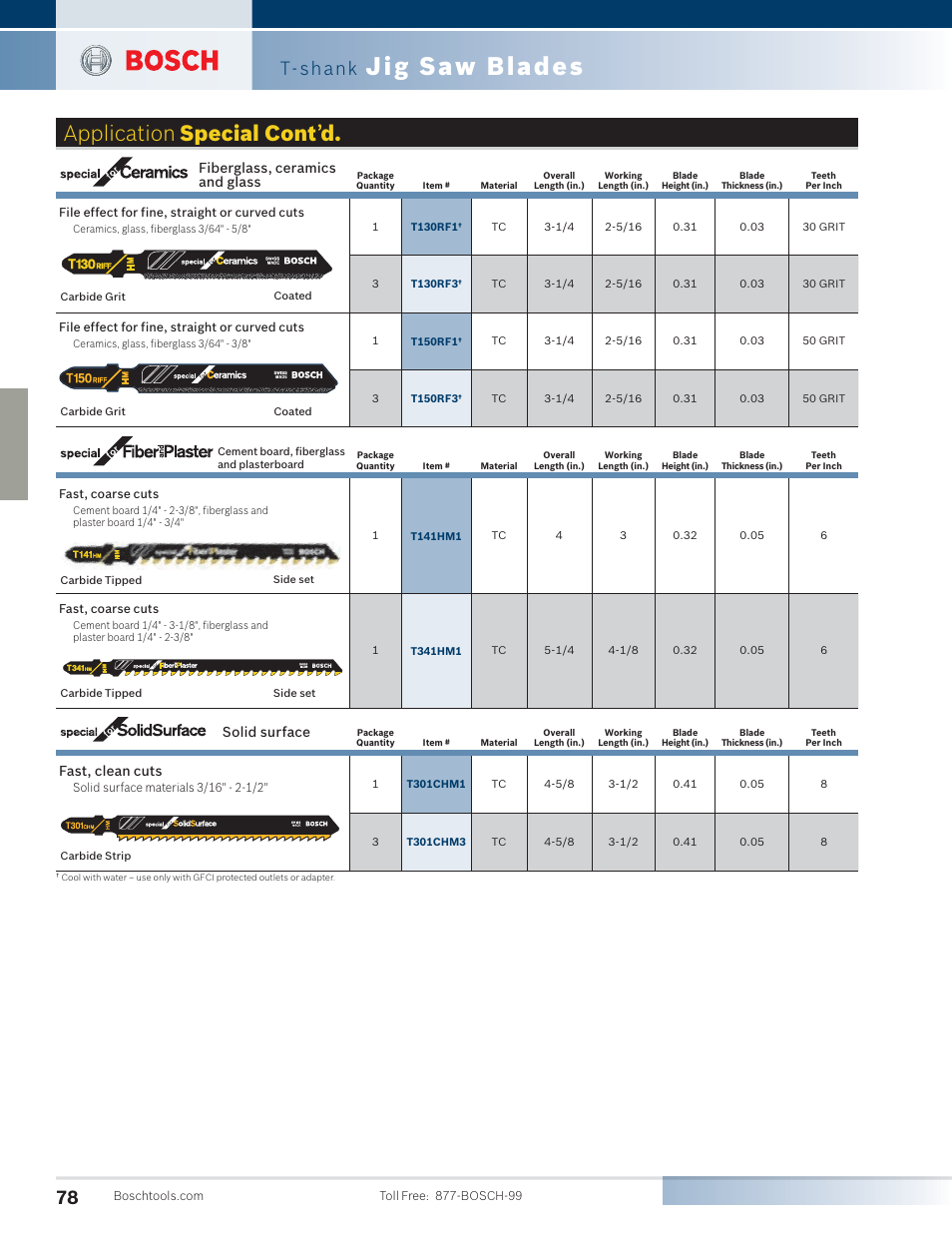 Jig saw blades, Application special cont ’ d, T-shank | Fiberglass, ceramics and glass, Fast, clean cuts, Solid surface | Bosch 4100DG-09 User Manual | Page 26 / 52