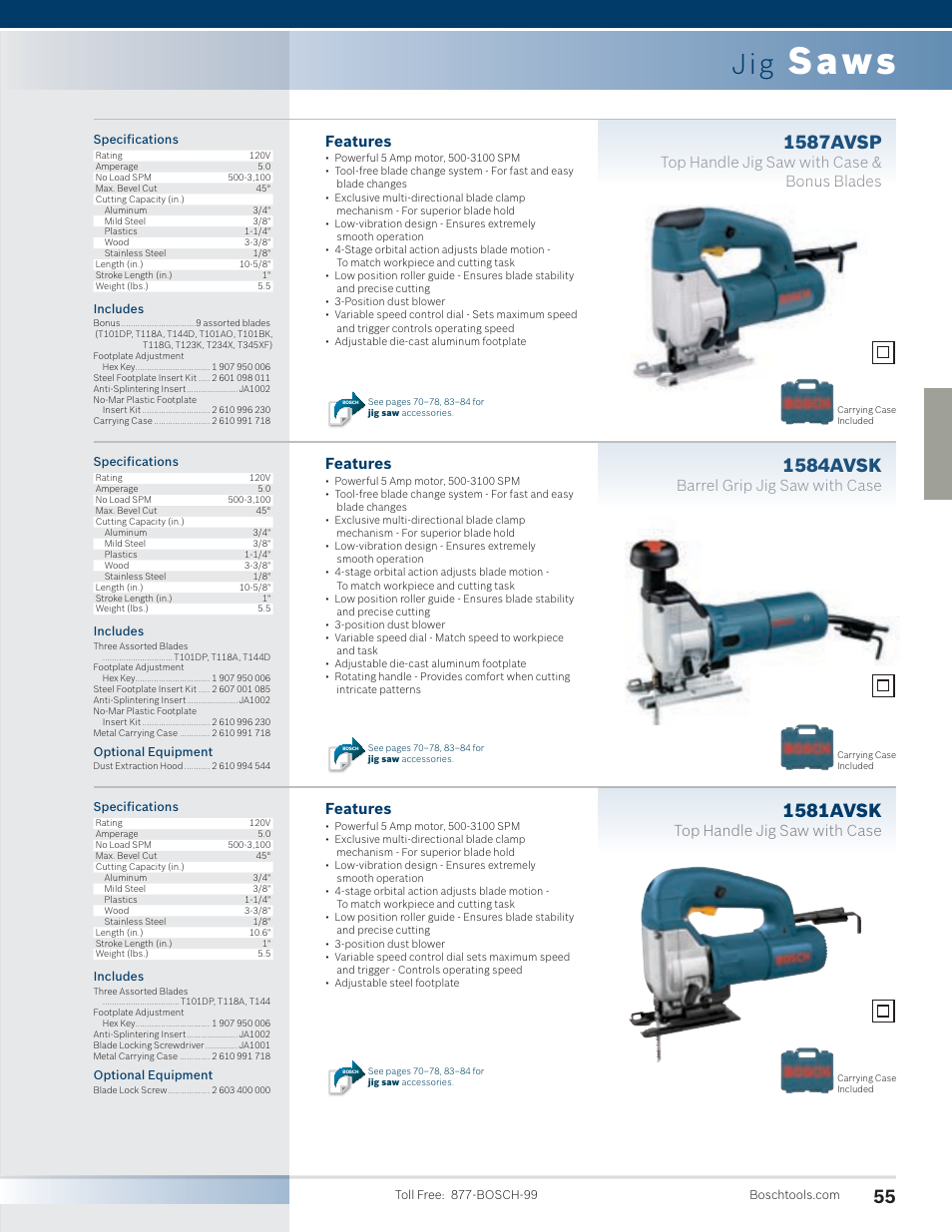 Saws, 1587avsp, 1584avsk | 1581avsk, Features, Top handle jig saw with case & bonus blades, Barrel grip jig saw with case, Top handle jig saw with case | Bosch 4100DG-09 User Manual | Page 3 / 52