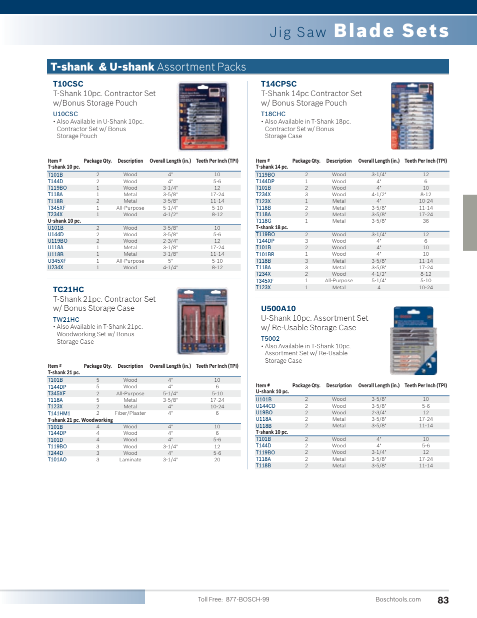 Blade sets, Jig saw, T-shank & u-shank assortment packs | Bosch 4100DG-09 User Manual | Page 31 / 52