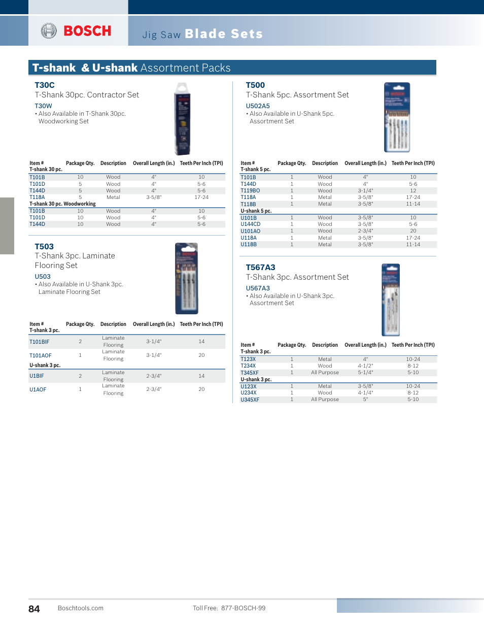 Blade sets, T-shank & u-shank assortment packs, Jig saw | T30c t-shank 30pc. contractor set, T500 t-shank 5pc. assortment set, T503 t-shank 3pc. laminate flooring set | Bosch 4100DG-09 User Manual | Page 32 / 52