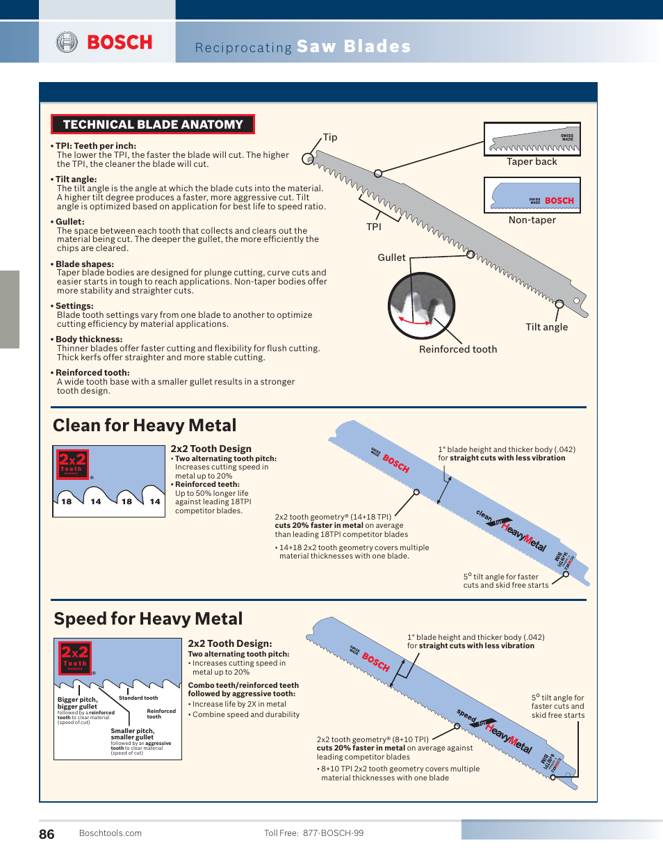 Clean for heavy metal speed for heavy metal, Saw blades, Reciprocating | Technical blade anatomy | Bosch 4100DG-09 User Manual | Page 34 / 52