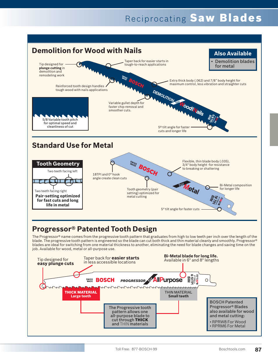 Saw blades, Reciprocating, Demolition for wood with nails | Standard use for metal, Progressor® patented tooth design, Tooth geometry, Also available | Bosch 4100DG-09 User Manual | Page 35 / 52