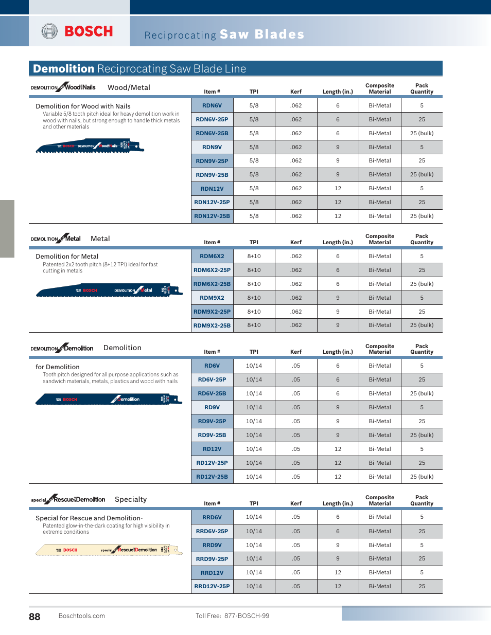 Saw blades, Demolition reciprocating saw blade line, Reciprocating | Wood/metal, Demolition, Specialty, Metal | Bosch 4100DG-09 User Manual | Page 36 / 52