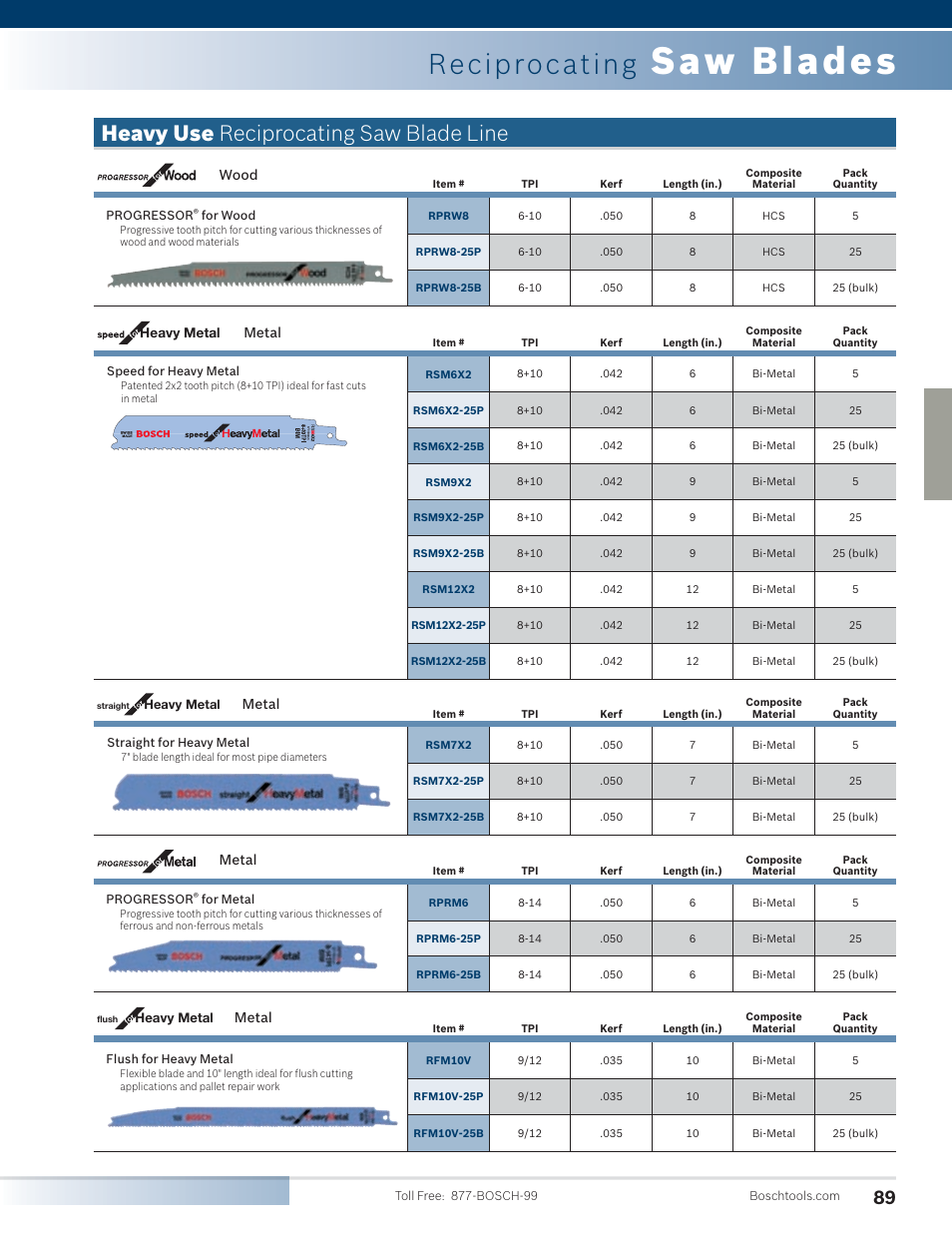 Saw blades, Reciprocating, Heavy use reciprocating saw blade line | Bosch 4100DG-09 User Manual | Page 37 / 52