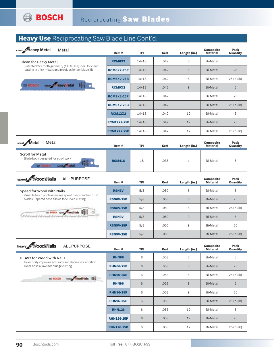 Saw blades, Heavy use reciprocating saw blade line cont’d, Reciprocating | Metal, All-purpose | Bosch 4100DG-09 User Manual | Page 38 / 52