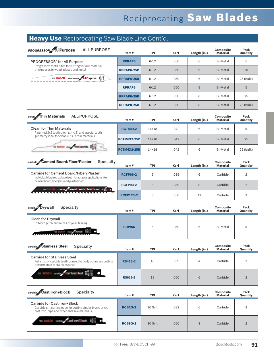 Saw blades, Reciprocating, Heavy use reciprocating saw blade line cont’d | Bosch 4100DG-09 User Manual | Page 39 / 52