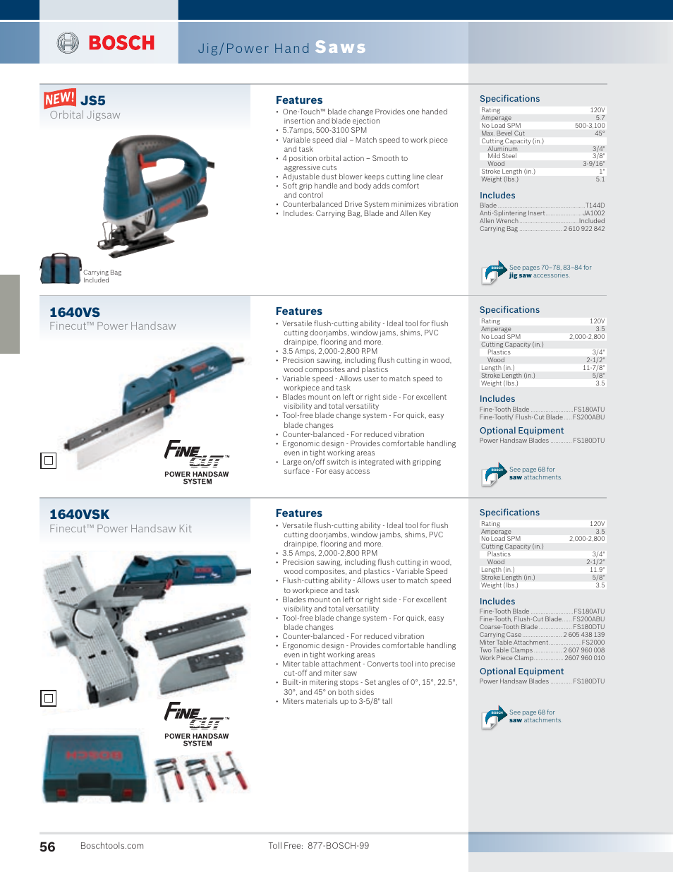 Saws, 1640vs, 1640vsk | Jig/power hand, Features, Finecut™ power handsaw, Finecut™ power handsaw kit, Orbital jigsaw | Bosch 4100DG-09 User Manual | Page 4 / 52