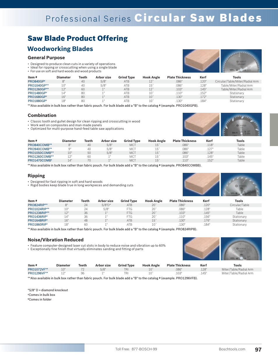 Circular saw blades, Professional series, Saw blade product offering | Woodworking blades, General purpose, Combination, Ripping, Noise/vibration reduced | Bosch 4100DG-09 User Manual | Page 45 / 52