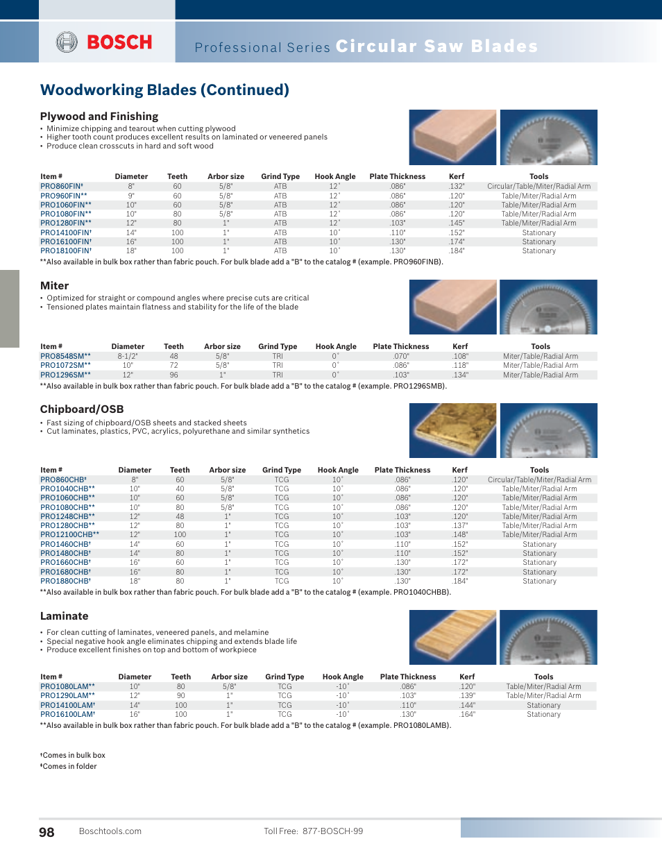 Circular saw blades, Woodworking blades (continued), Professional series | Plywood and finishing, Miter, Laminate, Chipboard/osb | Bosch 4100DG-09 User Manual | Page 46 / 52