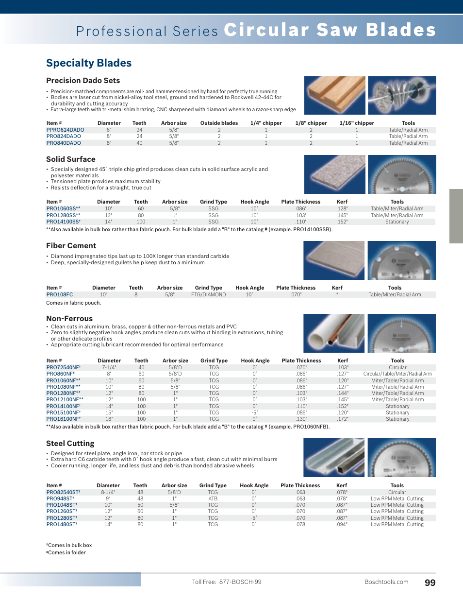 Circular saw blades, Professional series, Specialty blades | Steel cutting, Precision dado sets, Solid surface, Fiber cement, Non-ferrous | Bosch 4100DG-09 User Manual | Page 47 / 52