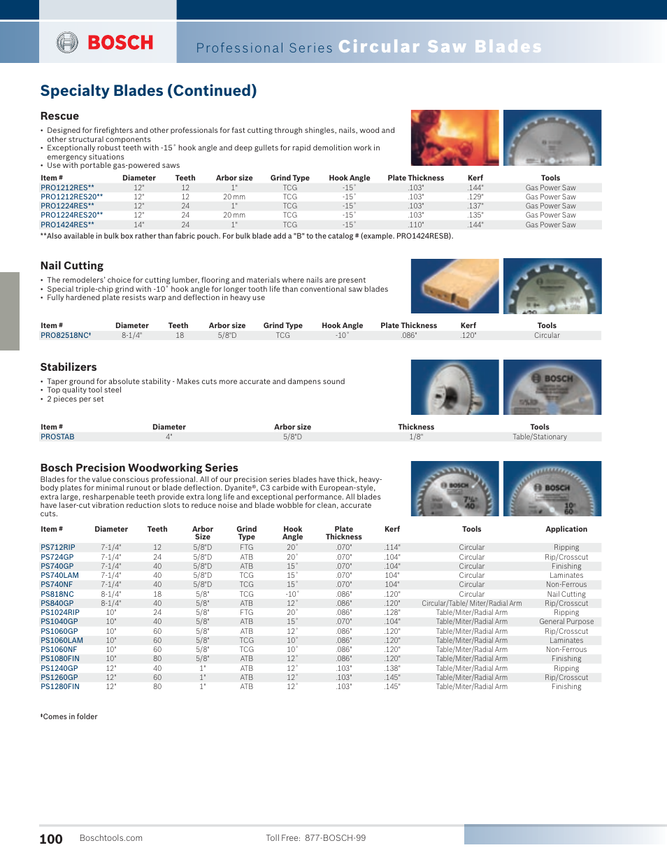 Circular saw blades, Specialty blades (continued), Professional series | Rescue, Nail cutting, Stabilizers, Bosch precision woodworking series | Bosch 4100DG-09 User Manual | Page 48 / 52