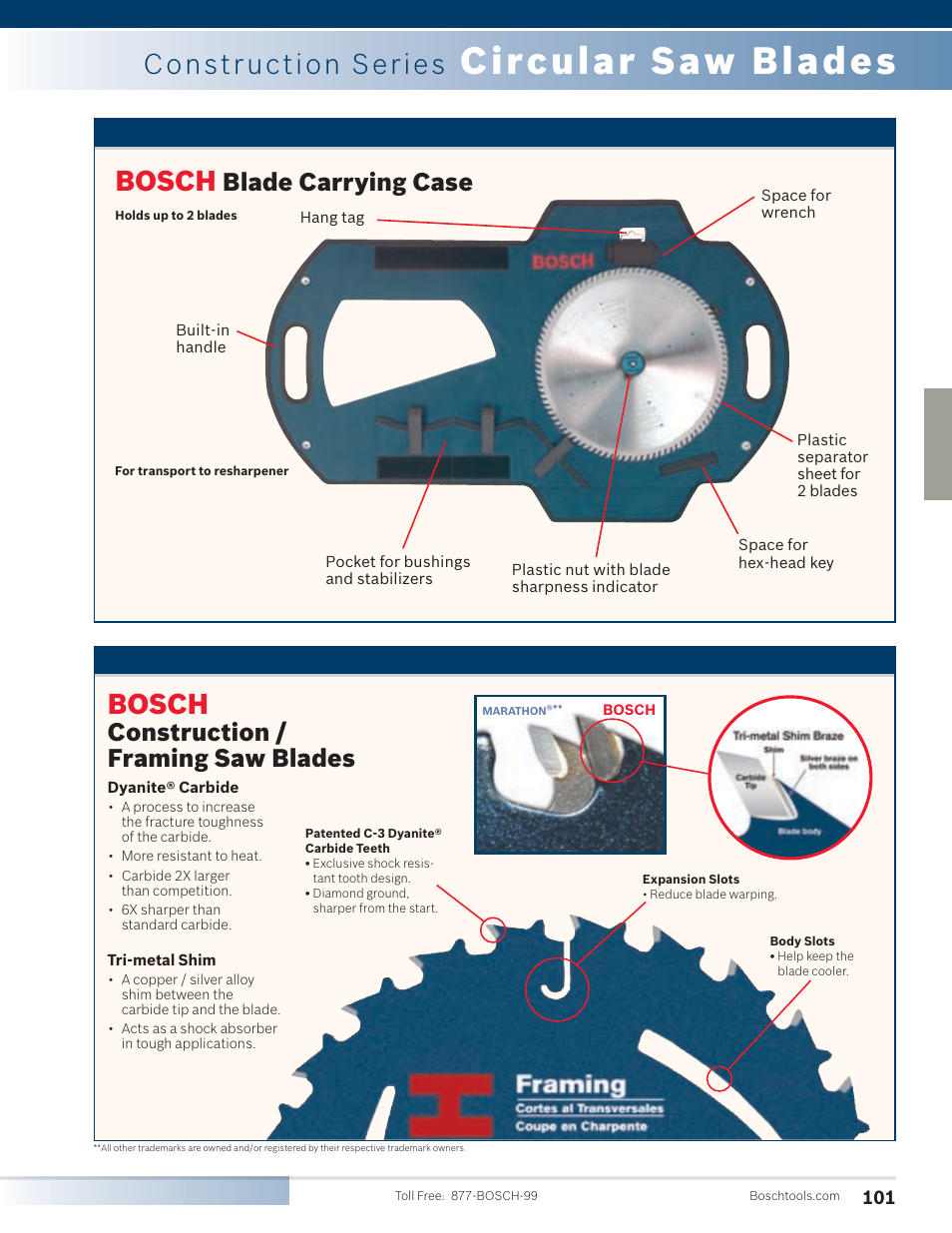 Circular saw blades, Bosch, Construction series | Blade carrying case, Construction / framing saw blades | Bosch 4100DG-09 User Manual | Page 49 / 52