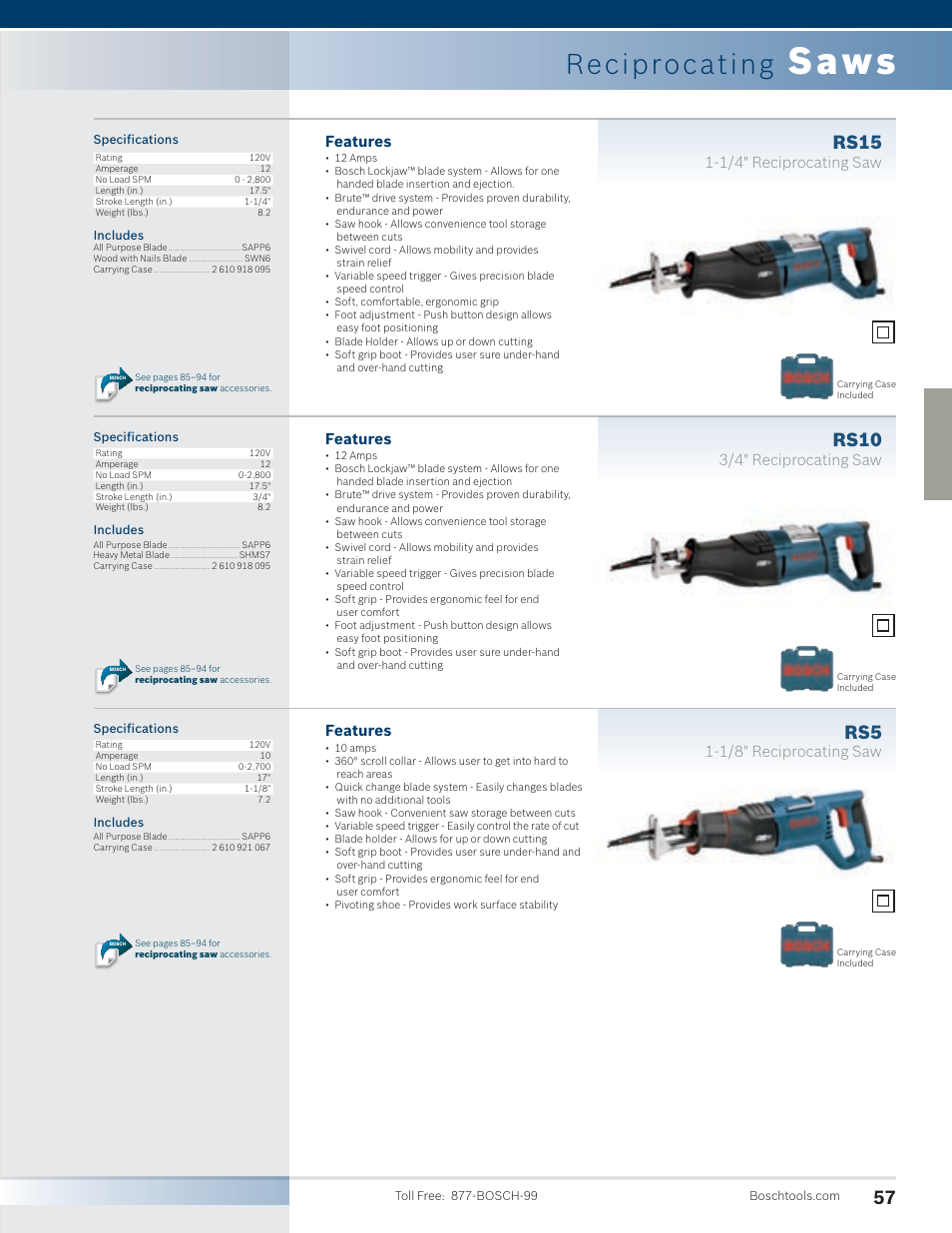 Saws, Reciprocating, Rs15 | Rs10, Features, 1/4" reciprocating saw, 3/4" reciprocating saw, 1/8" reciprocating saw | Bosch 4100DG-09 User Manual | Page 5 / 52