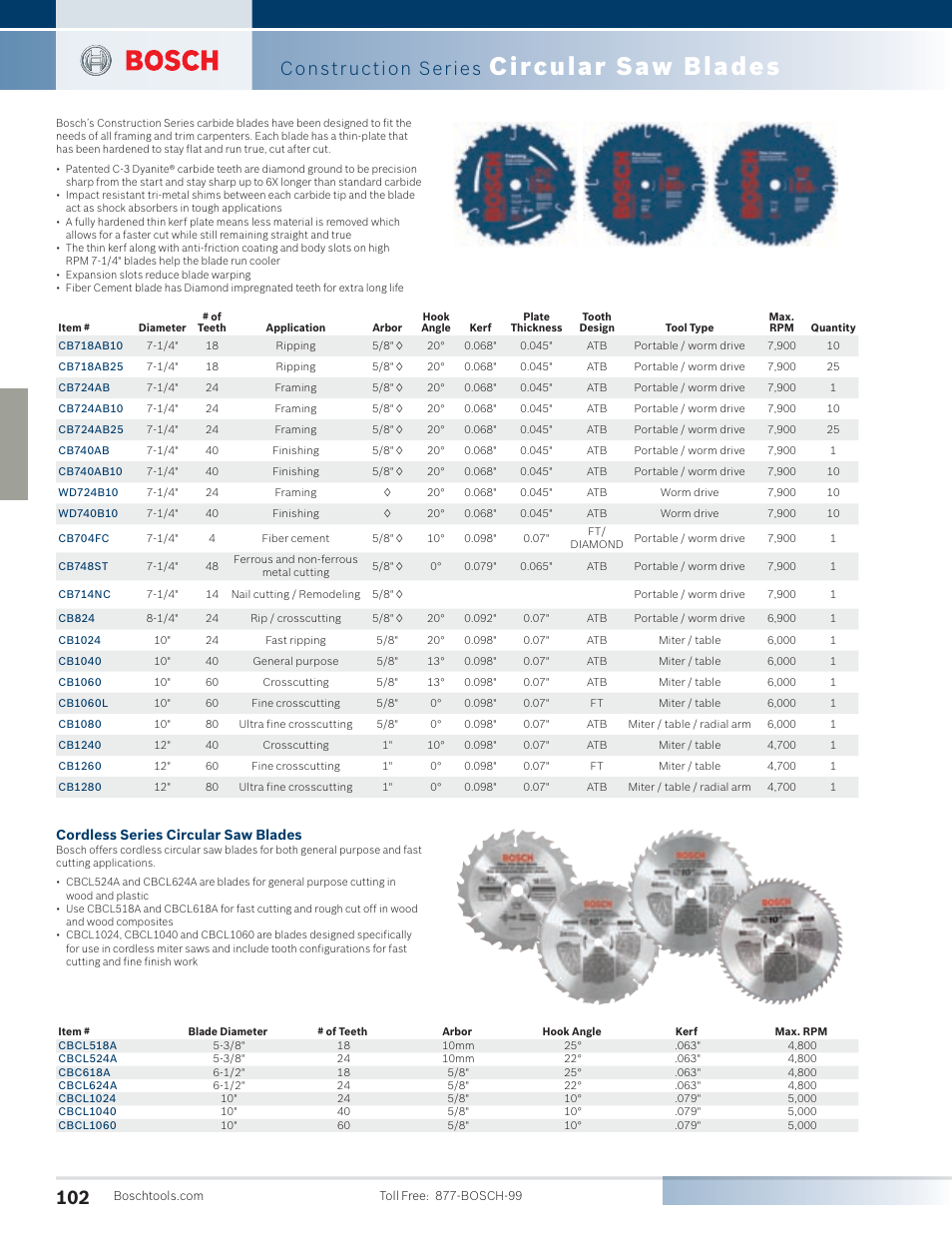 Circular saw blades, Construction series, Cordless series circular saw blades | Bosch 4100DG-09 User Manual | Page 50 / 52