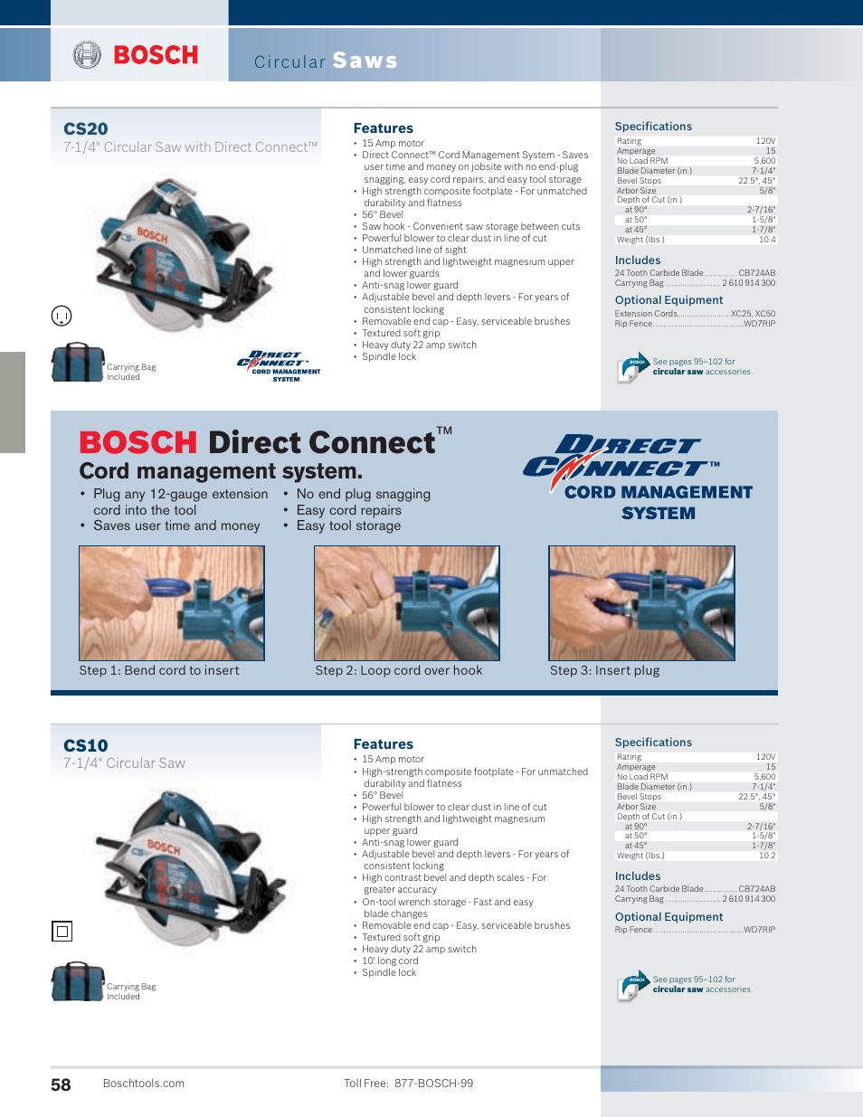 Bosch direct connect, Saws, Cord management system | Cs10, Cs20, Circular, Features, 1/4" circular saw, 1/4" circular saw with direct connect | Bosch 4100DG-09 User Manual | Page 6 / 52