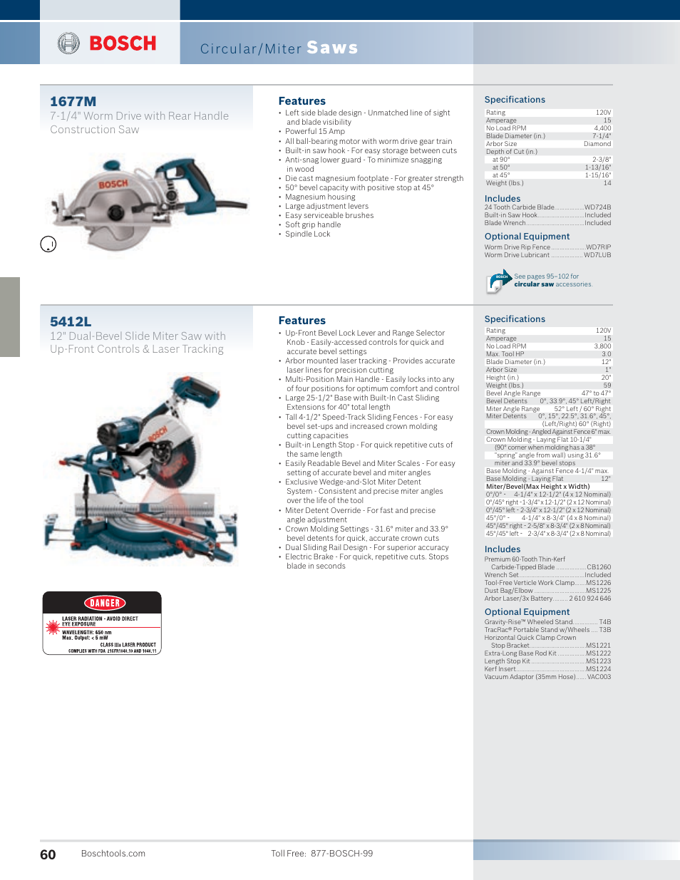 Saws, 5412l, 1677m | Circular/miter, Features, 1/4" worm drive with rear handle construction saw | Bosch 4100DG-09 User Manual | Page 8 / 52