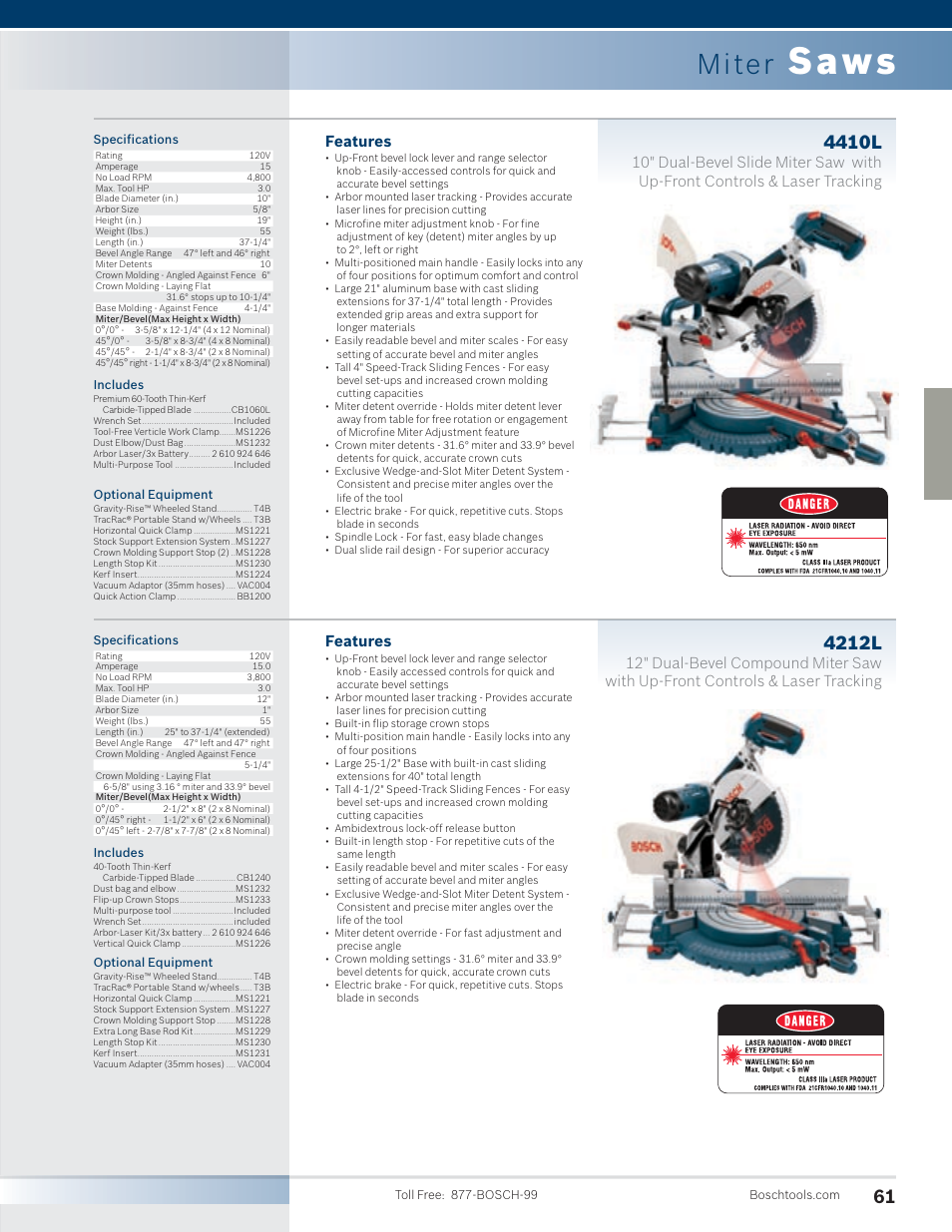 Saws, Miter, 4410l | 4212l, Features | Bosch 4100DG-09 User Manual | Page 9 / 52