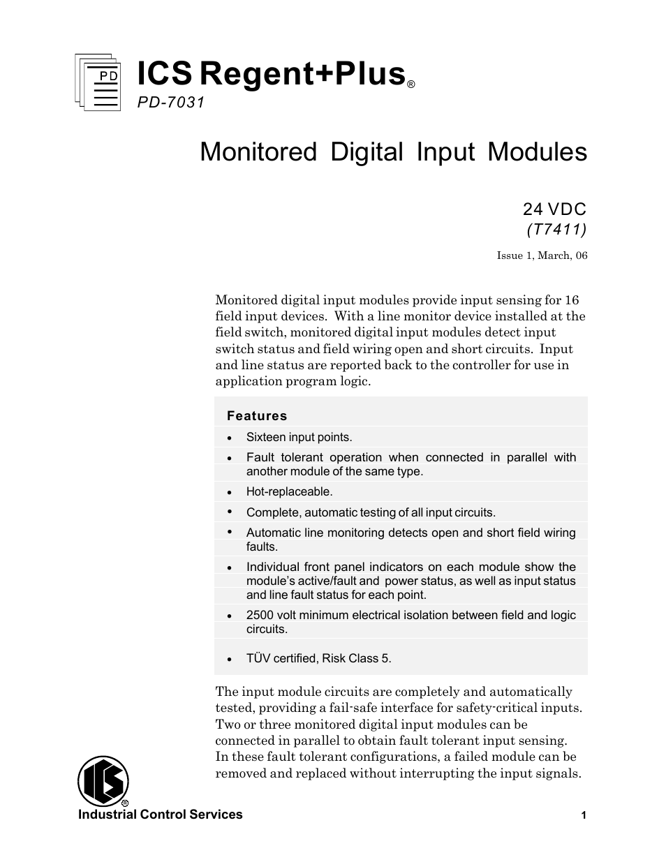 Rockwell Automation T7411 ICS Regent+Plus Monitored Digital Input Modules 24VDC User Manual | 23 pages