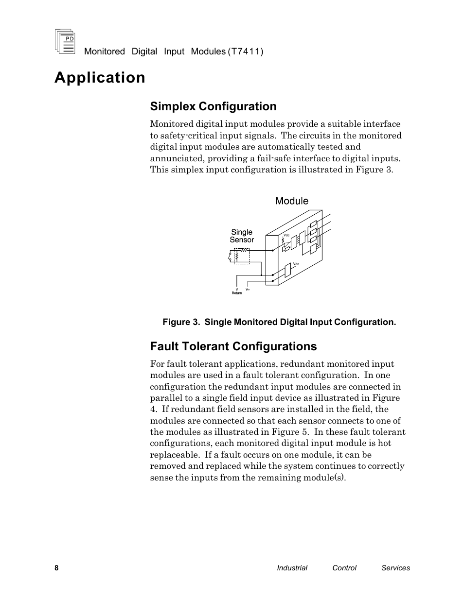 Application, Simplex configuration, Fault tolerant configurations | Rockwell Automation T7411 ICS Regent+Plus Monitored Digital Input Modules 24VDC User Manual | Page 8 / 23
