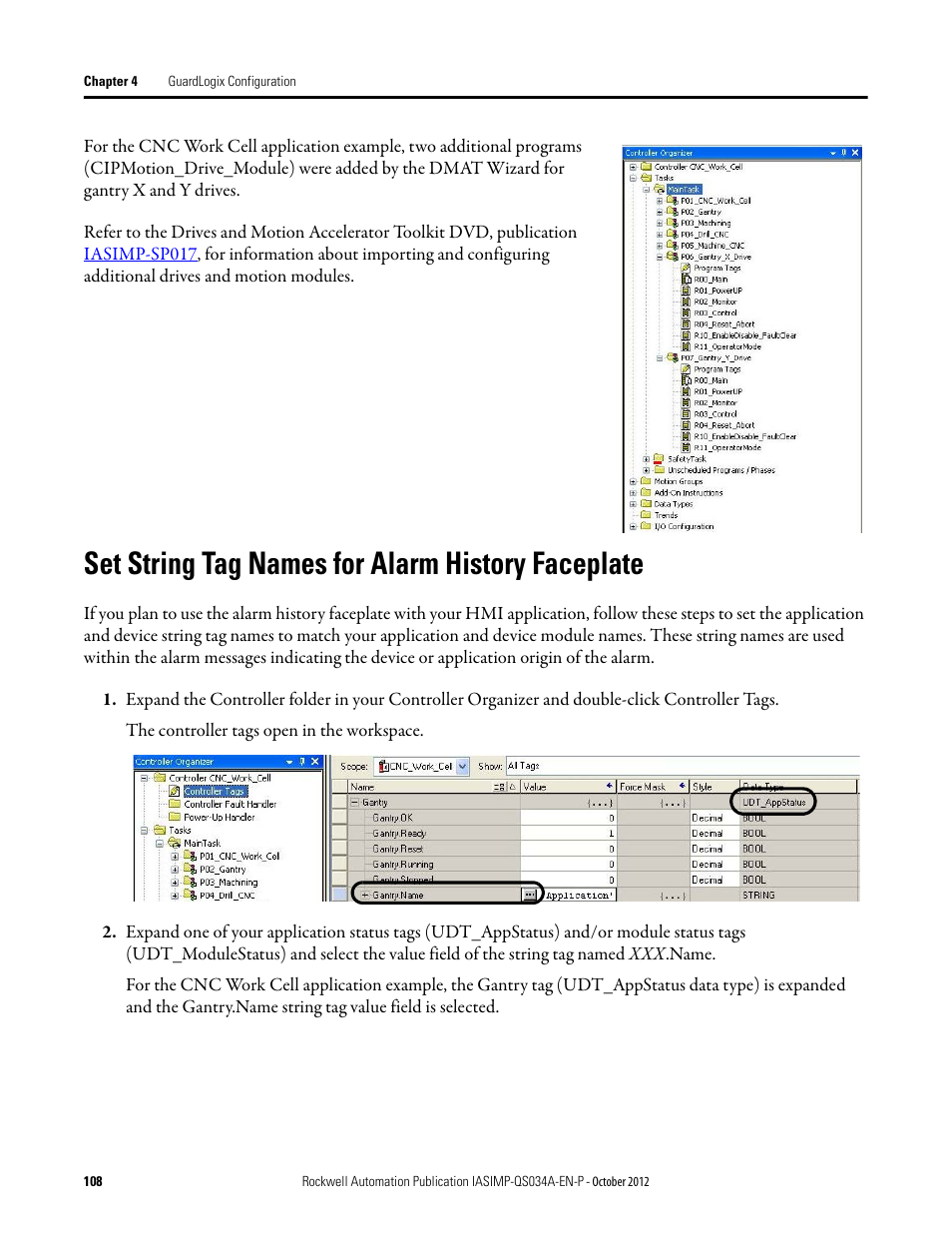 Set string tag names for alarm history faceplate, Set string tag names for, Alarm history faceplate | Rockwell Automation IASIMP Computer Numerical Control (CNC) Machining Accelerator Toolkit Quick Start User Manual | Page 108 / 278