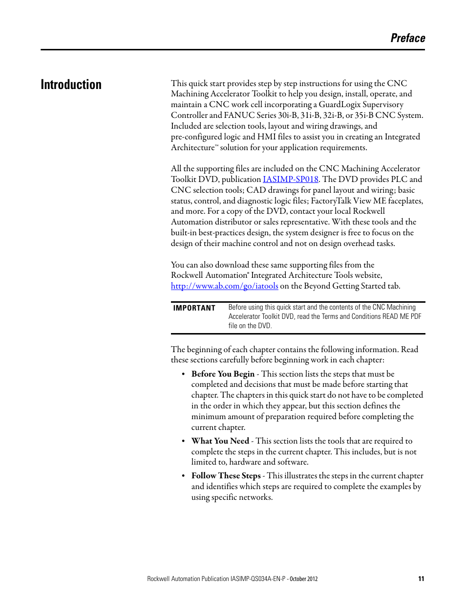 Preface, Introduction | Rockwell Automation IASIMP Computer Numerical Control (CNC) Machining Accelerator Toolkit Quick Start User Manual | Page 11 / 278