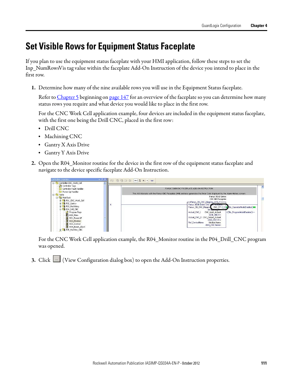 Set visible rows for equipment status faceplate, Set visible rows for equipment, Status faceplate | Rockwell Automation IASIMP Computer Numerical Control (CNC) Machining Accelerator Toolkit Quick Start User Manual | Page 111 / 278